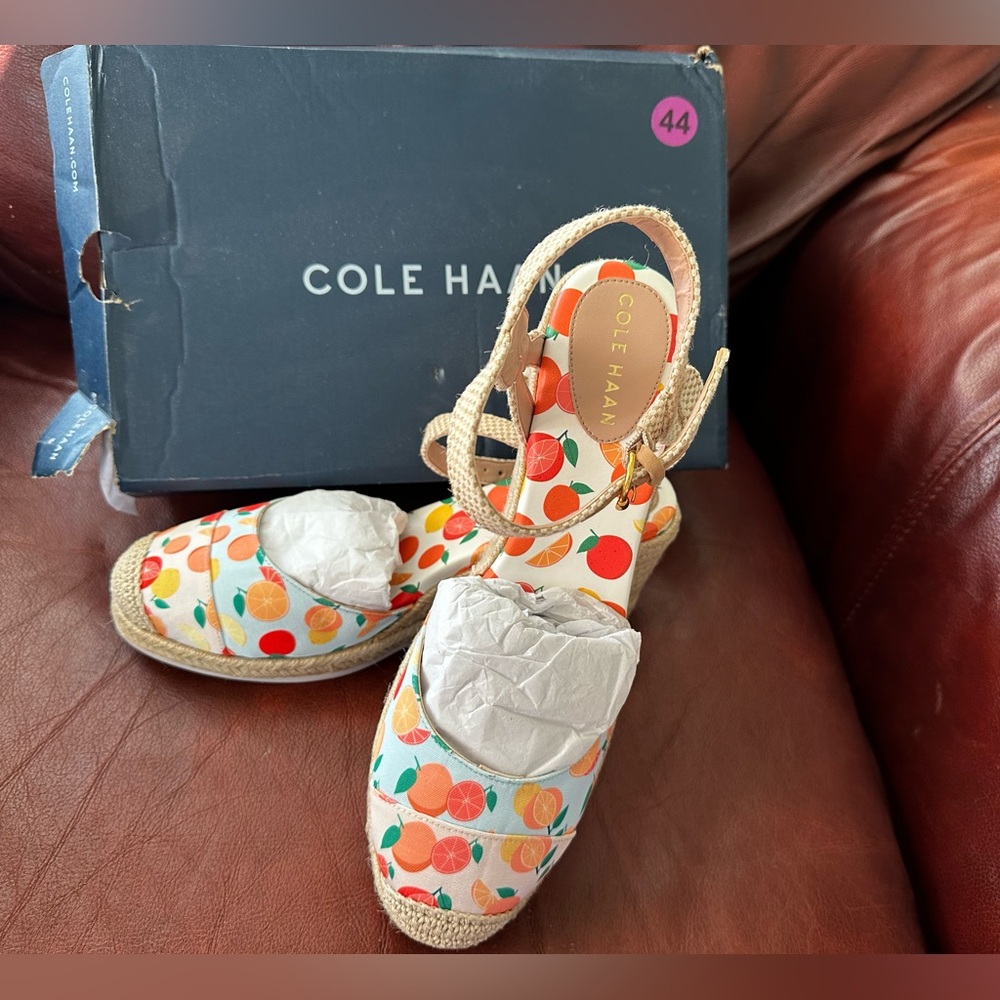 ✨ NIB Cole Haan Citrus Fruit Espadrille Wedge Sandals – Oxford Blue, Size 10.5B